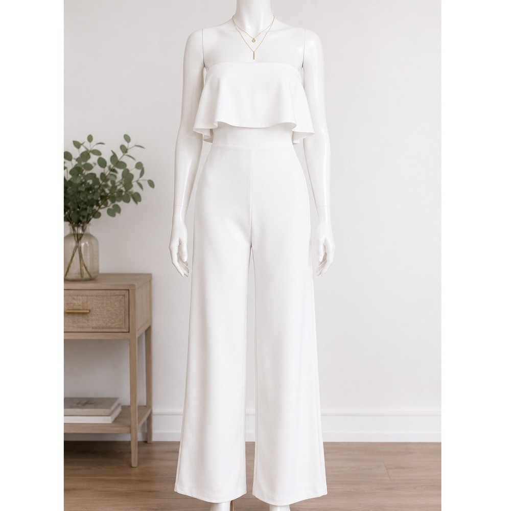 Missguided Womens Jumpsuit White Strapless Ruffle Wide Leg 2
